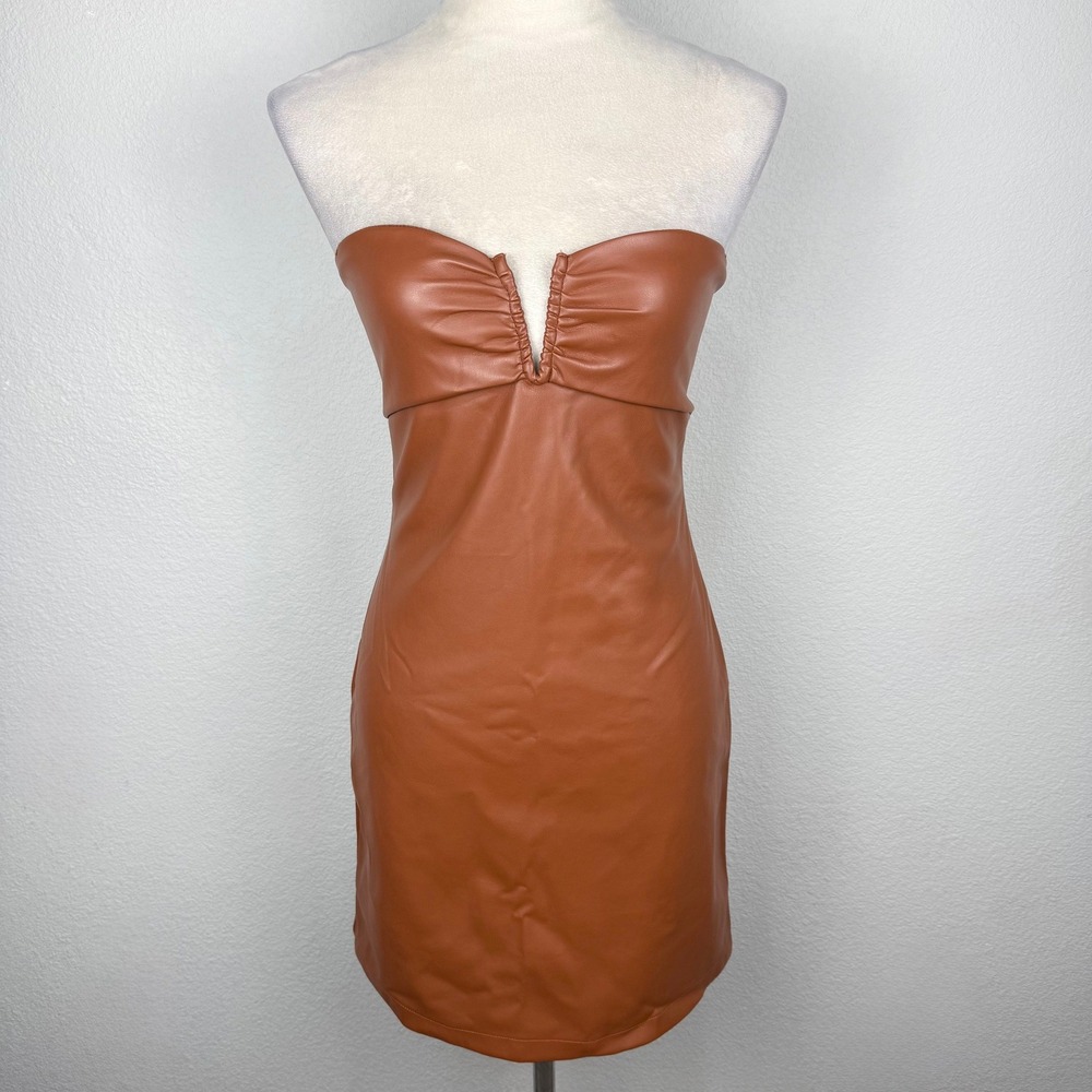 Kirious Los Angeles Womens Faux Leather Strapless Mini Dress Cognac Brown Sz Sm